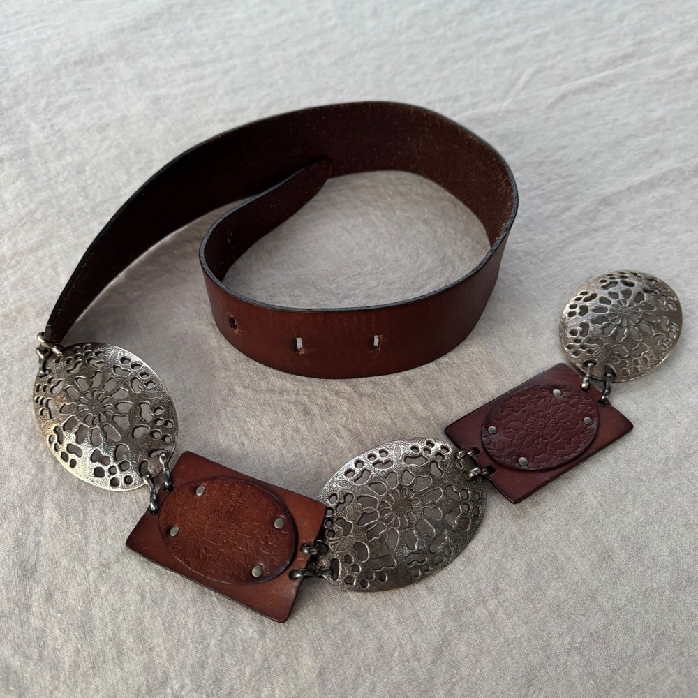 Chico's Leather Statement Belt Brown Silver Boho Filigree Southwestern Tooled L